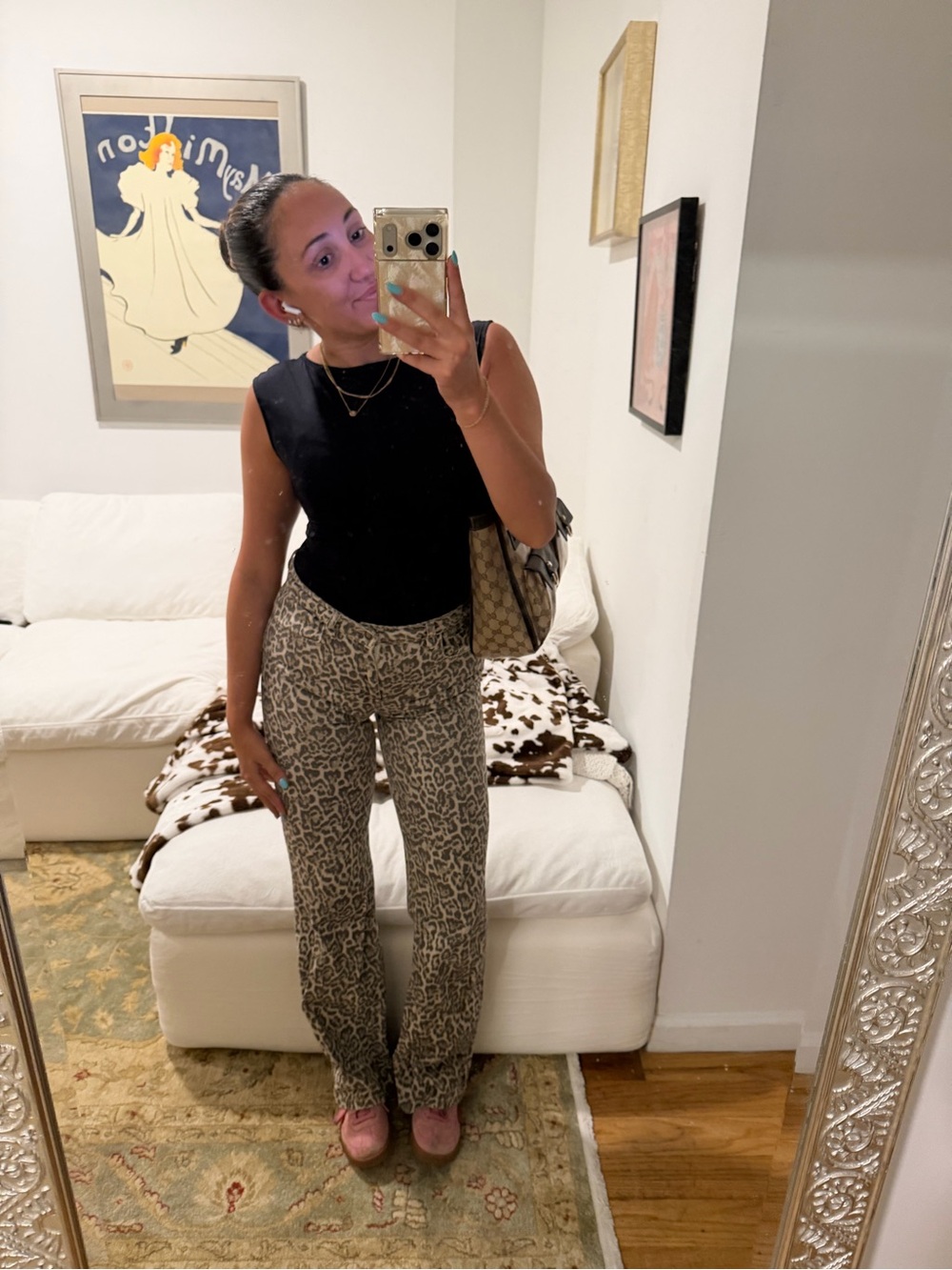 Leopard Print Straight-Leg Pants - Black/Beige Mid Rise